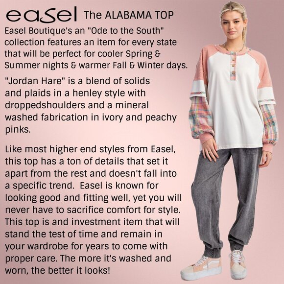 EASEL "Alabama Top - Talladega" Loose Fit Henley Layered Look Mineral Washed Top - Picture 2 of 14